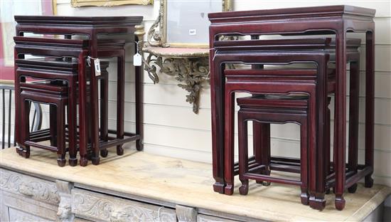 Two sets of four Chinese hardwood tea tables